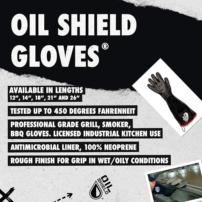 Oil Shield 18" High Heat Neoprene Glove, Fryer Filtration Glove, 450 Degree Temp Rating, Cotton Liner, Food Service Safety (Size Large)
