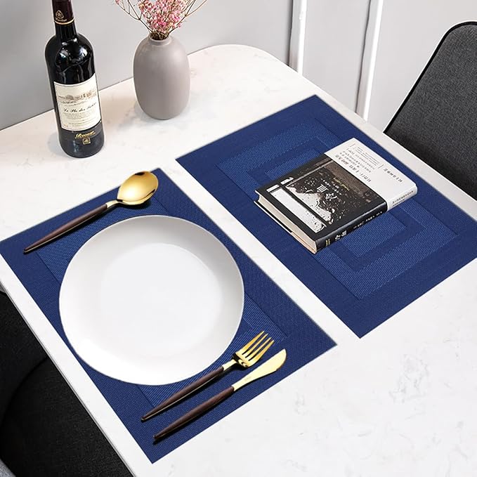 PIGCHCY Placemats,Washable Vinyl Woven Table Mats,Elegant Durable Placemats for Dining Table Set of 4 (18 x 12 inches, Navy Blue)