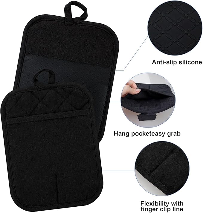 Oven Mitts and Pot Holders with Cooking Apron Set of 5, Heat Resistant Kitchen Gloves and Silicone Non-Slip Potholders, Adjustable Neck Buckle Chef Apron, Cotton Nice Design for Cooking (Black)…