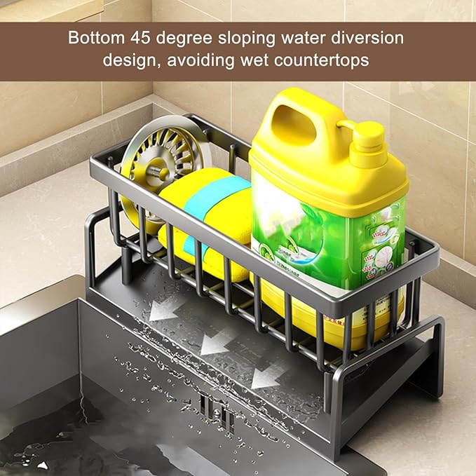 Sponge Kitchen Sink Caddy Organizer Brush Sink Sponge With Auto Draining Tray, Self Drain Dish Soap Caddy, 9.05" Lx4.33 Wx3.93 H (gray)