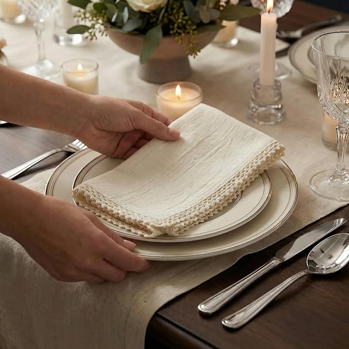 ACCENTHOME Cream Cloth Napkins Set of 12 18x18 inch Cotton Dinner Napkins - Washable Soft Premium Hotel Quality Reusable Napkins Perfect Table Napkins for Family Dinners, Weddings & Everyday Use