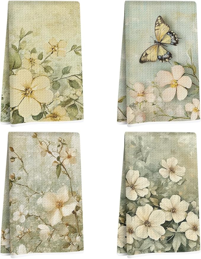 4 Pcs Vintage Butterfly Kitchen Towels, White Floral Decorative Absorbent Microfiber Dish Cloth Tea Towel, Waffle Soft Hand Towels for Farmhouse Home Bathroom, Housewarming Gifts