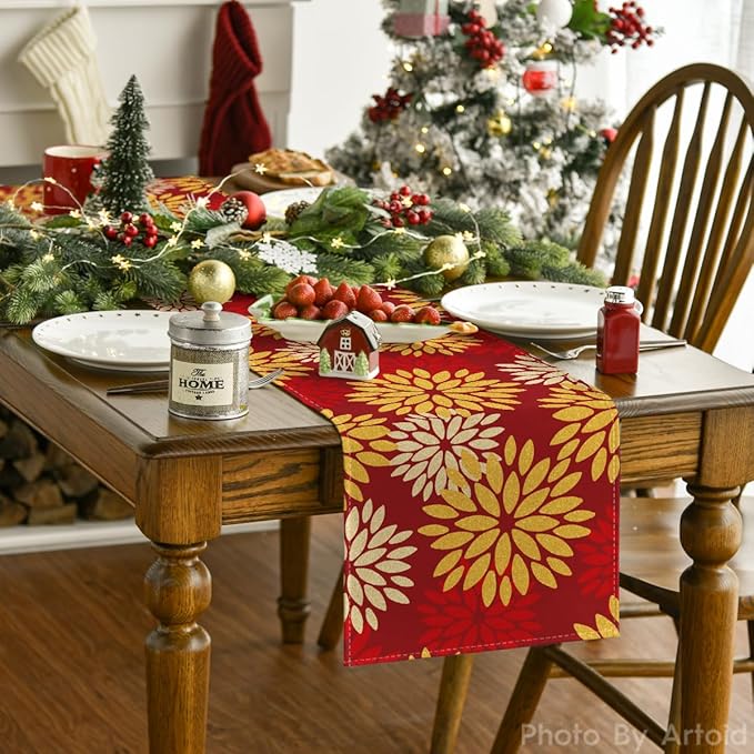 Artoid Mode Red Orange Dahlia Floral 2025 New Year Table Runner, Spring Festival Winter Holiday Kitchen Dining Table Decoration for Home Party Decor 13x72 Inch