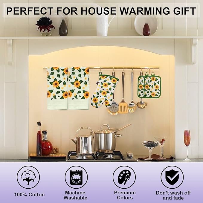 Oven Mitts and Potholders Dish Towles Set 100% Cotton for Perfect for Gifting, Baking and Everyday Cooking Durable Heat Resistant for Kitchen (5-Piece Sunflower)