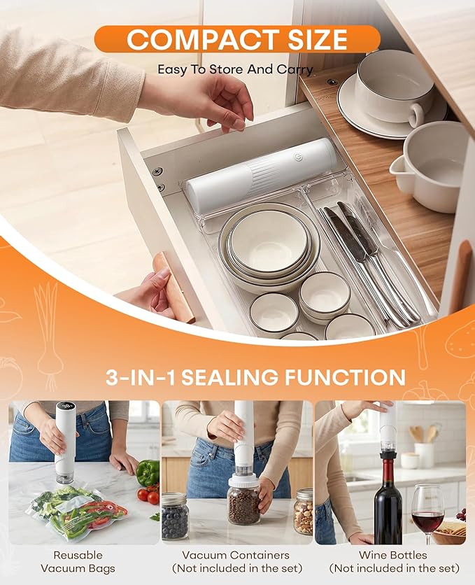 1800mAh Compact Vacuum Sealer for Food, 80kPa Powerful Handheld Vacuum Sealer Machine with 30 Reusable Bags, LCD-Display, Visible Water Tank, Portable Cordless Food Sealer for Meal Prep