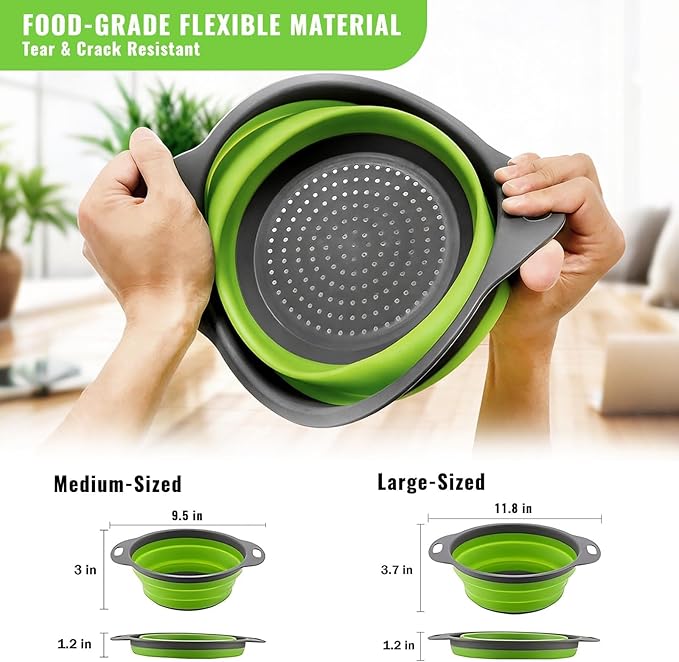Collapsible Colander Set of 2, Folding Kitchen Strainers with Handles, Space-Saving Over-the-Sink Drainers for Pasta, Veggies & Fruit, BPA-Free, Dishwasher Safe, RV & Camping (Green)