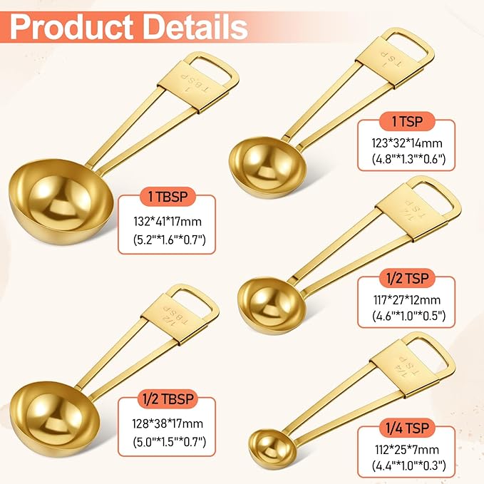 9 PCS GOLD Stainless Steel Measuring Cups and Spoons Set, Gold Nesting Design Teaspoon Stackable Cups and Spoons Heavy Duty Measuring Cup Set for Dry and Liquid Ingredients and Baking, Cooking(Golden)