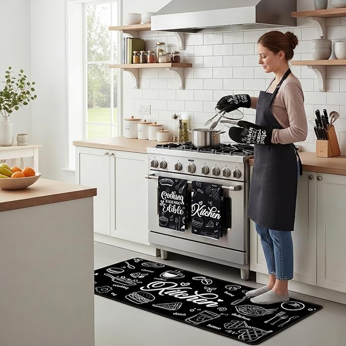 Fourluoo 10 Pcs Black Kitchen Decor and Accessories Black Kitchen Towels Rugs Oven Mitts and Pot Holders Set Gloves Vintage Potholders for Baking Cooking Chef