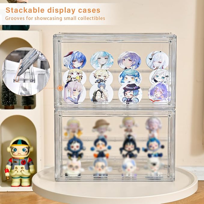 Freebat Clear Acrylic Display Case for Collectibles - 3-Tier Adjustable Figure Display with Magnetic Door & Removable Shelves,Stackable Dispaly box for Figures - 2 Pack