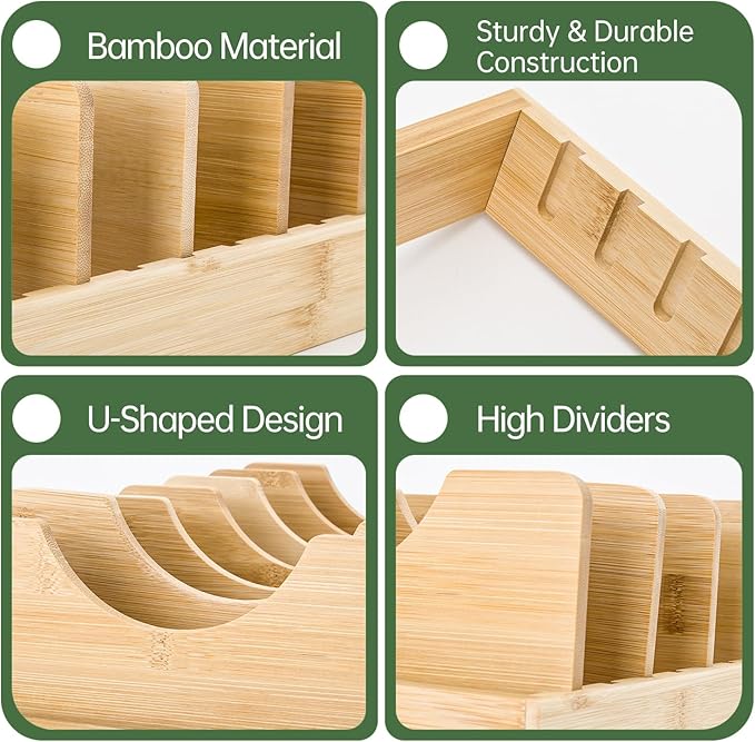 Pan Organizer Compatible with Caraway, Pots and Pans Organizer Under Cabinet, Bamboo Pot Lid Organizers with Adjustable Dividers, U-Shaped Lid Slots, Ideal for Kitchen Countertop and Cabinet Storage