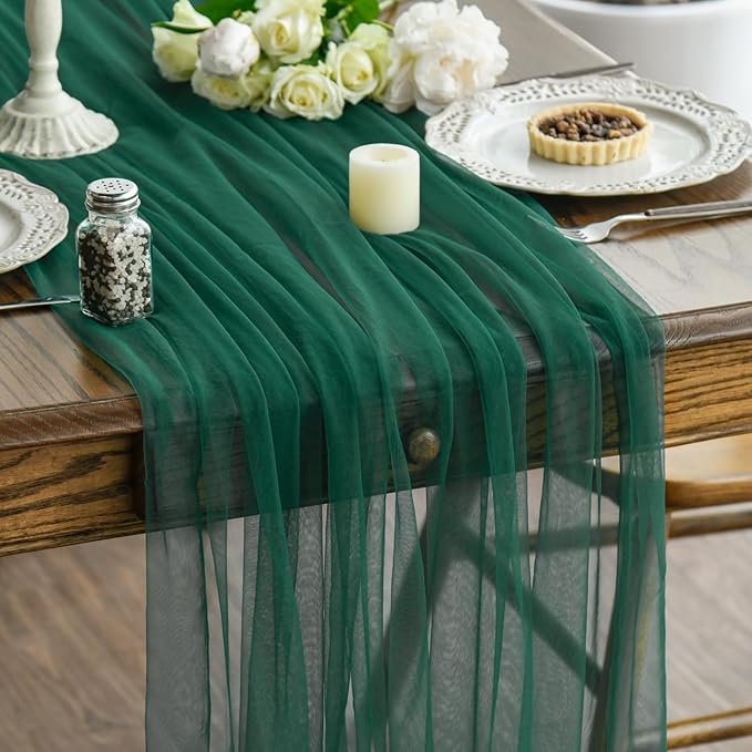 Artoid Mode Dark Green Gauze Table Runner 120 Inch 10FT, Seasonal Sheer Kitchen Dining Holiday Wedding Birthday Baby Shower Table Decor for Home Party