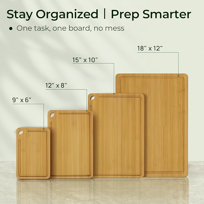 Keechee 4-Pcs Natural Wood Cutting Board Set Kitchen Tools with Juice Groove, Wooden Chopping Board for Meat, Fruit, Vegetables & Cheese (Pre Oiled, Natural)