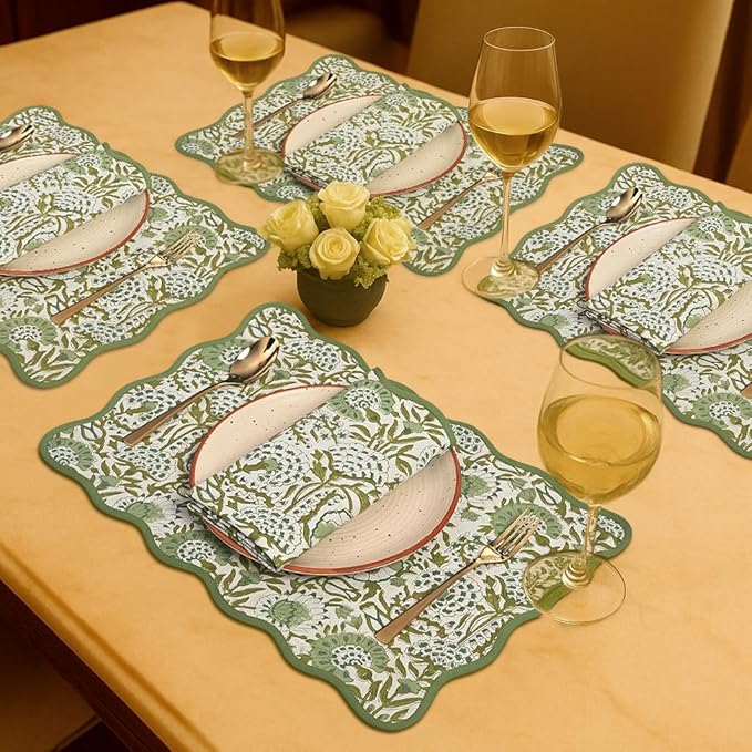 CPC Cotton Placemats Agate Green Set of 4-Hand Block Printed Reversible Placemats, Flower Scalloped & Embroidered Cloth Table Mats - 14 x 20 inch Gift for Spring, Mother's Day