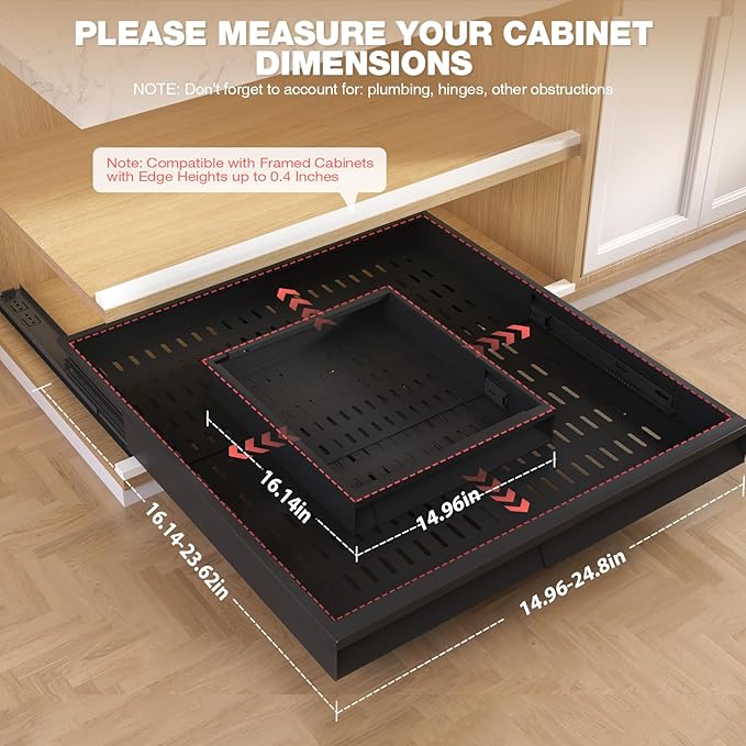 Seinloes 2 Pack Pull Out Cabinet Organizer With Raising Pad for Framed Cabinets,Expandable Width (15"-25") and Depth (17"-24"),3 Slide Rails Slide Out Drawers with Handle,No-Drill Roll Out Shelf,Black