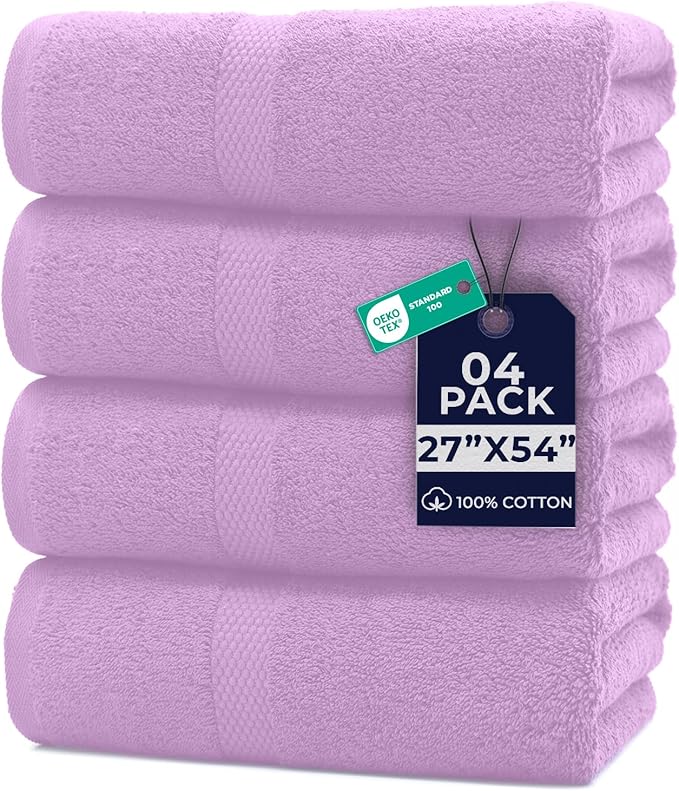 DAN RIVER Bath Towels Set of 4, 27 x 54 Inches, 100% Cotton, Larger & Lighter Weight, Quicker to Dry, Super Soft and Absorbent, Ideal Shower Towel for Daily Use, Lavender