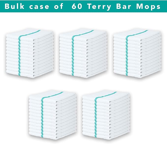 Arkwright LLC Terry Kitchen Bar Mop Towels Bulk Pack of 60 (16 x 19) with Green Center Stripes, Cotton Multipurpose Dish Cleaning Tea Towel for Home, Hotels, Restaurants