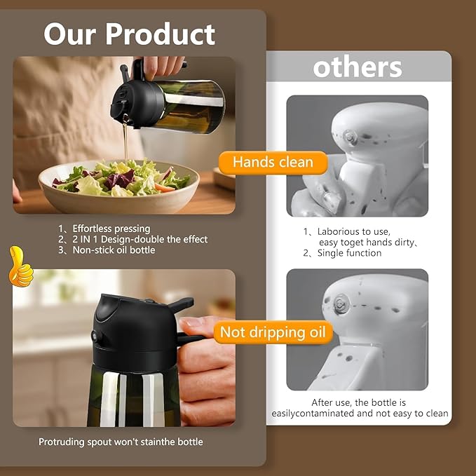 SWEET VIEW - Olive Oil Sprayer for Cooking, 16oz/470ml Glass Light-Proof Oil Pourer for Kitchen with Stickers for Air Fryer, Cooking, Salad, and BBQ with Stickers