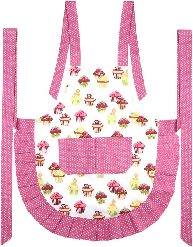G2PLUS Kid Cotton Aprons, Toddler Apron with Pocket, Pink Cupcake Child Apron for Girls, Cooking, Baking, Kitchen, Art Craft Use