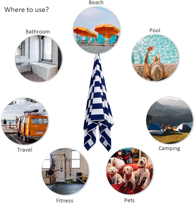 LULUHOME Large Oversized Beach Towel - Big Cotton 36 x 70 Inch Striped Pool Towel, Large Cabana Soft Swimming Towel for Adult Men Women,Dark Blue