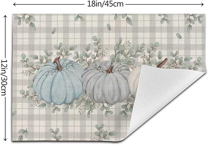 Fall Pumpkin Thanksgiving Placemats 12x18 Set of 4, Blue Pumpkin Buffalo Plaid Table Place Mat Autumn Watercolor Harvest Washable Table Mats Decorative Linen Fabric Table Mat for Dining Table