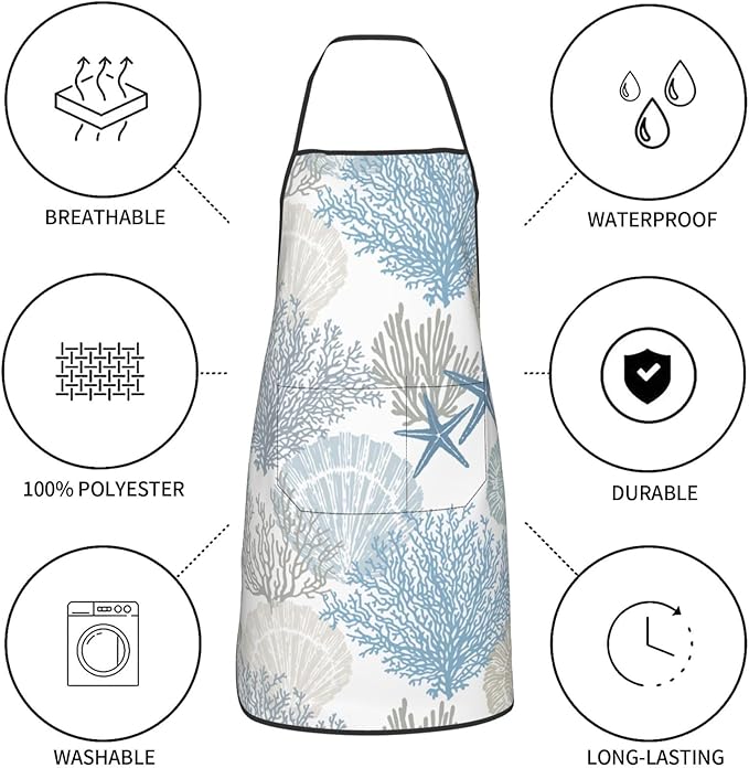 Nautical Coastal Oven Mitts Pot Holders Blue Cooking Apron Set of 5 Silicone Starfish Seashell Coral Beach Themed Kitchen Glove Blue Apron Non-Slip Heat Resistant for Chef Baking Cooking
