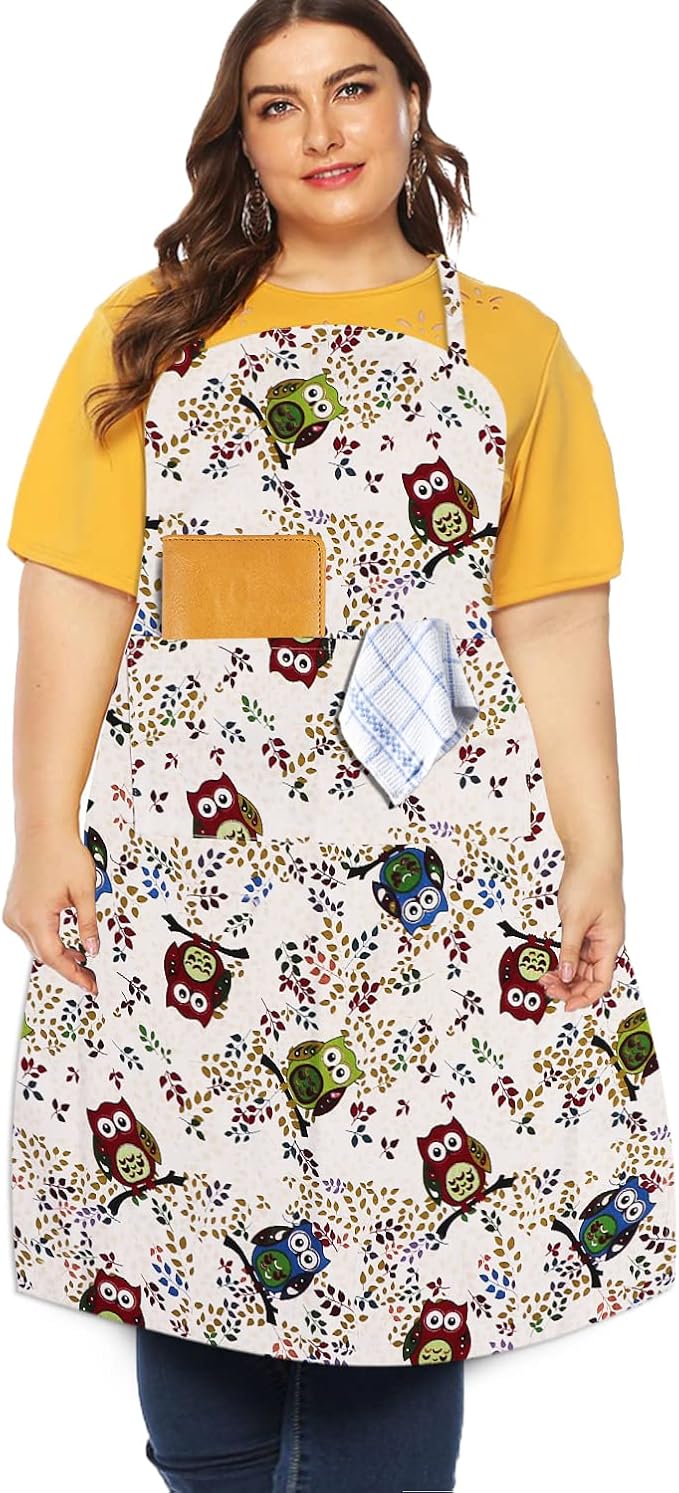 Sanlykate Extra Large Canvas Cotton Apron for Men & Women, Plus Size Durable Aprons with 2 Pockets, Adjustable Bib Machine Washable Oversized Aprons for Baking, Cooking, Painting - Owl