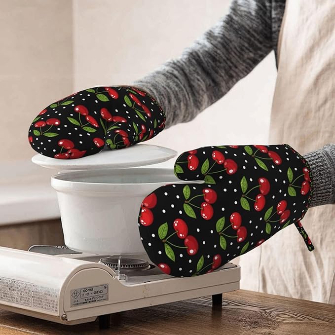 Cherry Print Silicone Oven Mitts Set of 2, Heat Resistant up to 500°F, Kitchen Oven Gloves with Non-Slip Grip and Soft Cotton Lining for Baking, Cooking and BBQ