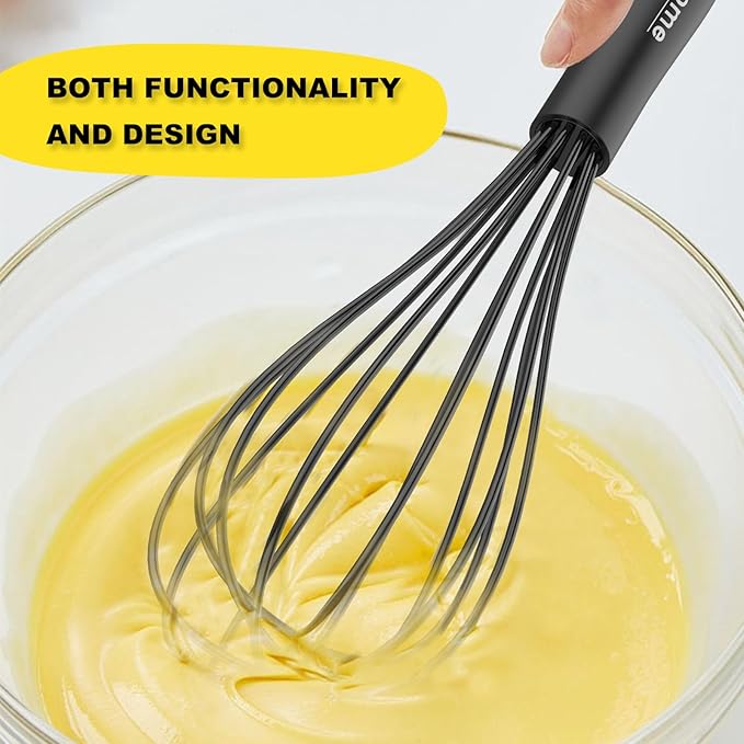 NileHome Silicone Whisk Set 8" 10" Kitchen Whisk Kitchen Wisk Wire Whisks for Cooking, Whisking, Blending, Beating, Stirring-Black