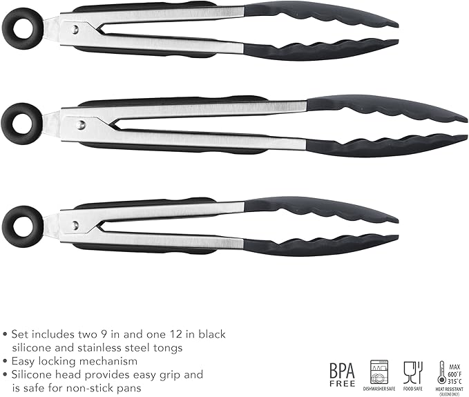 Tovolo Stainless Steel Tongs with Silicone Tips 9” 9” 12 Inch Black Heat Resistant Kitchen Tongs for Cooking Grilling Air Fryer, Stainless Steel Dishwasher Safe Metal Tongs BPA Free Set of 3