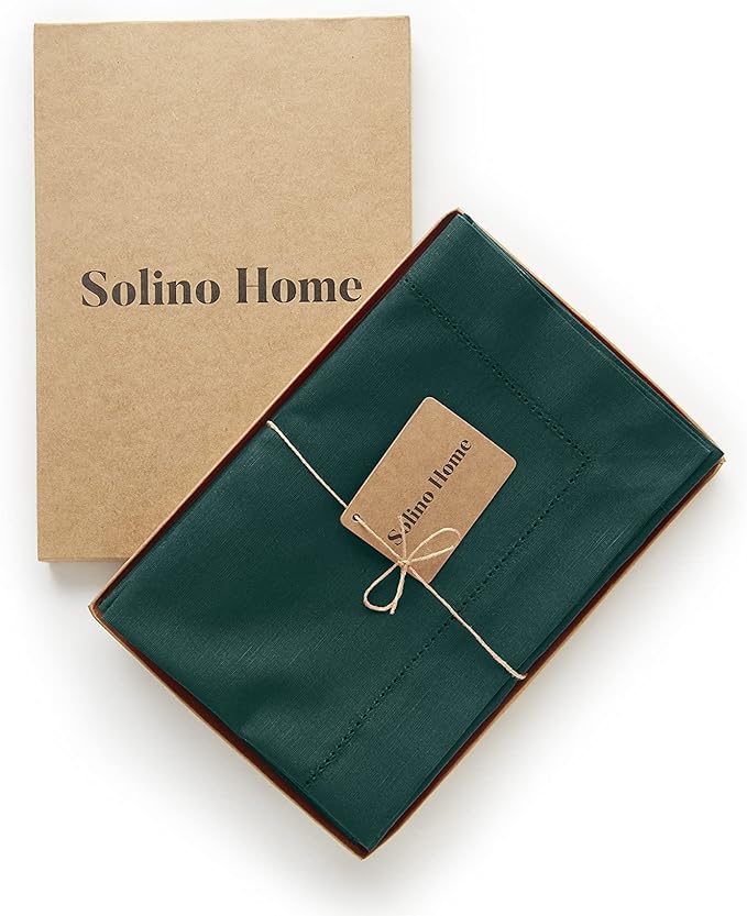 Solino Home Cloth Napkins Set of 4 - Cotton Linen Hemstitch Dark Green Dinner Napkins 20 x 20 Inch - Handcrafted and Machine Washable