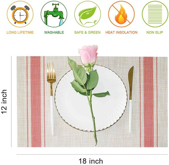 GIVERARE Placemats Set of 6, Heat-Resistant Woven Vinyl Placemat, Non-Slip Washable PVC Table Mat, Easy to Clean Premium Plastic Mats at for Dining, Kitchen Table (Stripe Red)