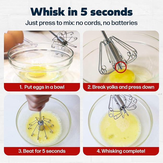 14 Inch Stainless Steel Egg Beater - Durable & Easy to Use Push-Down Zip Whisker - Rotary Hand Mixer for Beating Eggs, Frothing Milk, Blending, Mixing, Whipping Smoothies & Shakes - Hand Whisk