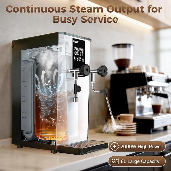 Commercial Steam Milk Frother,1.6Bar Fast Frothing in 15s,2000W 8L Boiler for Continuous Use, Temp Probe, Triple Safety, 3-in-1 Hot Water & Steam with LED Display for Coffee Shops& Restaurant