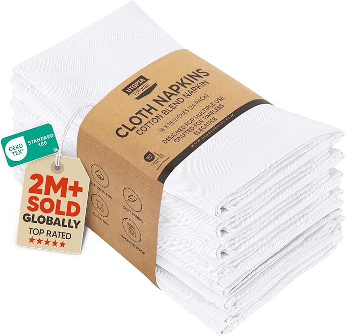 Utopia Kitchen White Cloth Napkins [24 Pack, 18x18 Inch] Absorbent Cotton Blend Washable and Reusable for Dinner, Restaurant, Lunch, Wedding and Hotel