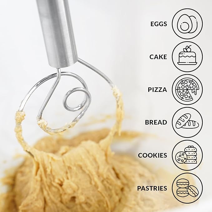 Zulay Kitchen 13-Inch Danish Dough Whisk - Stainless Steel Danish Whisk for Cooking with Single Eye Dough Hook - Traditional Dutch Whisk - Bread Whisk for Sourdough, Pizza, Pastry, Batter - 2 Pack