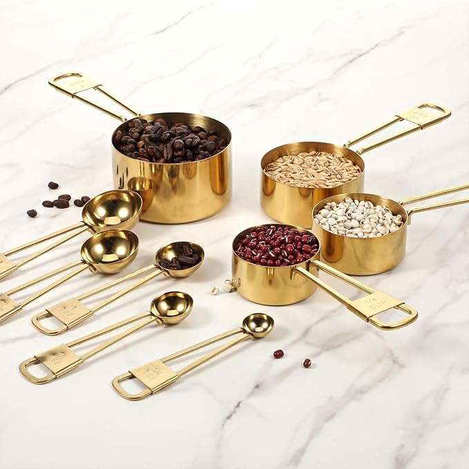 9 PCS GOLD Stainless Steel Measuring Cups and Spoons Set, Gold Nesting Design Teaspoon Stackable Cups and Spoons Heavy Duty Measuring Cup Set for Dry and Liquid Ingredients and Baking, Cooking(Golden)