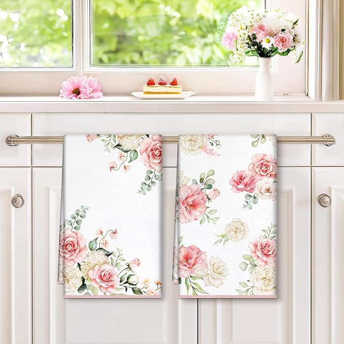 Pink Flower Microfiber Kitchen Towels, Soft Absorbent Watercolor Floral Hand Towel 15.7 × 23.6 Inch, Thick Dish Cloth for Party Anniversary Holiday Decoration, Housewarming Gifts for Mom
