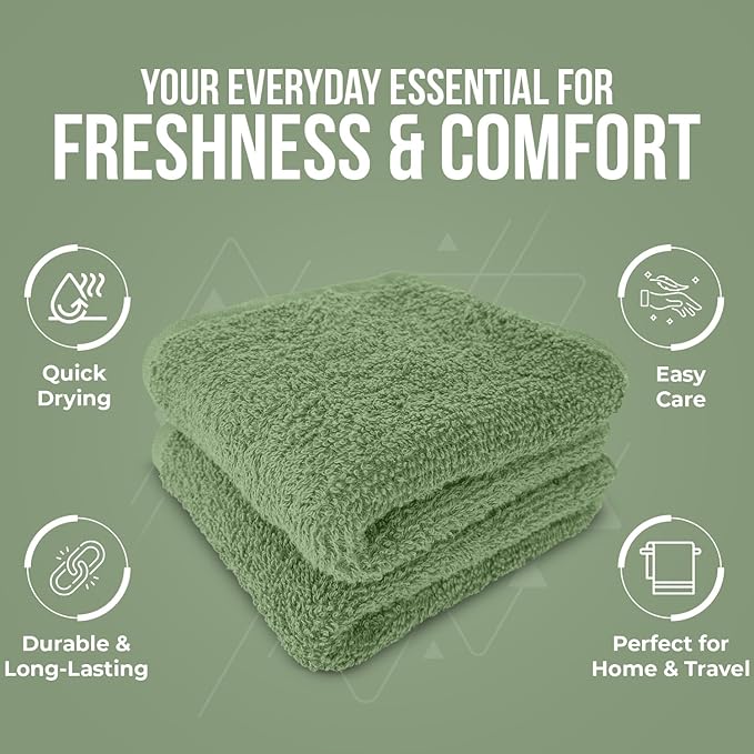 DAN RIVER 12 Pack Wash Cloths for Showering [12x12] - 100% Cotton Washcloths Premium Quality Flannel Face Cloths for Bathroom, Highly Absorbent and Soft Feel Wash Clothes, Sage Green