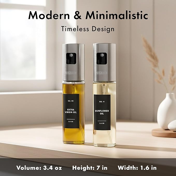 EDELHAUS Oil Sprayer Set of 2 Oil Spray Bottle Made of Stainless Steel & Glass, for Healthy Cooking, Sprayer for Precise Dosage, for Cooking Oil & Vinegar Including (Silver Lids, 2 Pack)