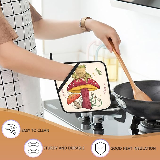 2PCS Green Frog Pot Holder with Loop,Mushroom Heat Resistant Oven Pads, Hot Pat for Kitchen Cooking Baking Food
