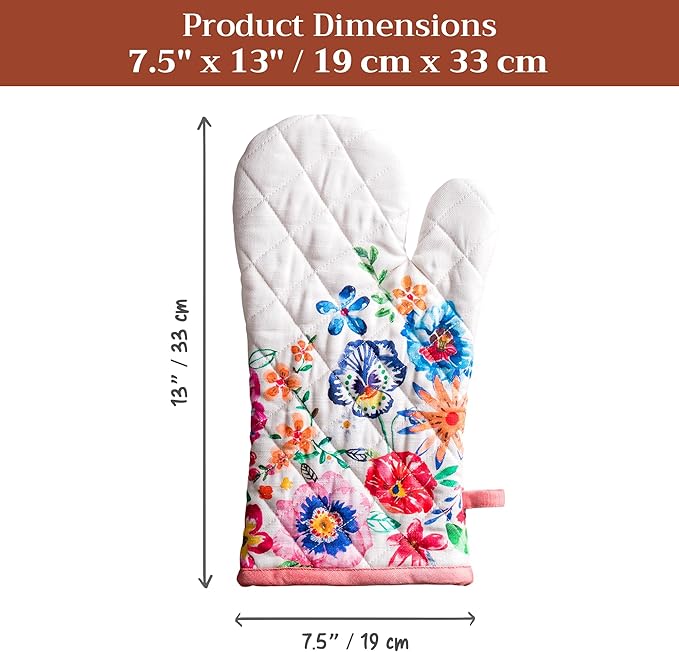 Maison d'Hermine Oven Gloves 100% Cotton Oven Mitt 7" x 13" with Loop Heat Resistant BBQ Cooking Gloves Baking Grilling Gifts for Mothers Day Spring/Summer(Pack of 1, Happy Florals - High Summer)