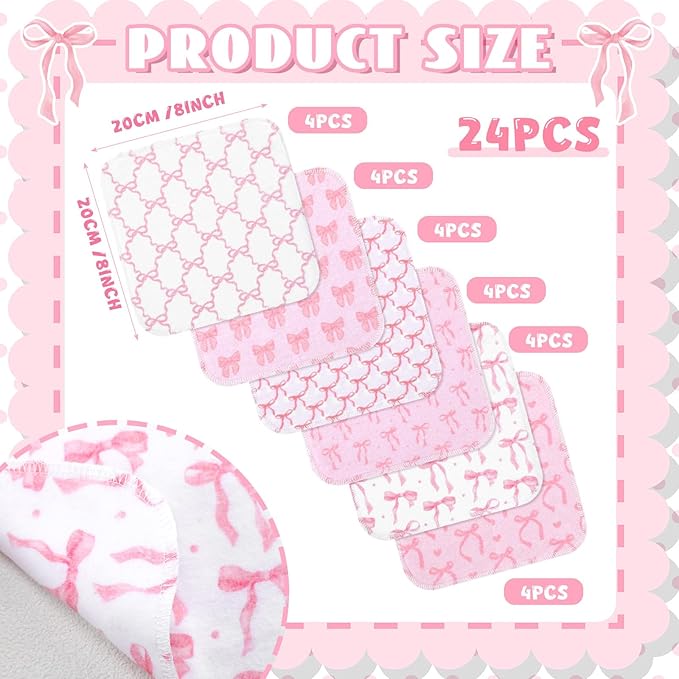 Kinlop 24 Pcs Lunchbox Cloth Napkins Bulk Reusable 2 Ply 8" x 8" Bow Style Flannel Wipes Washable Soft Cotton Sturdy Absorbent Cloth Placemats for Dining Thanksgiving Home Party