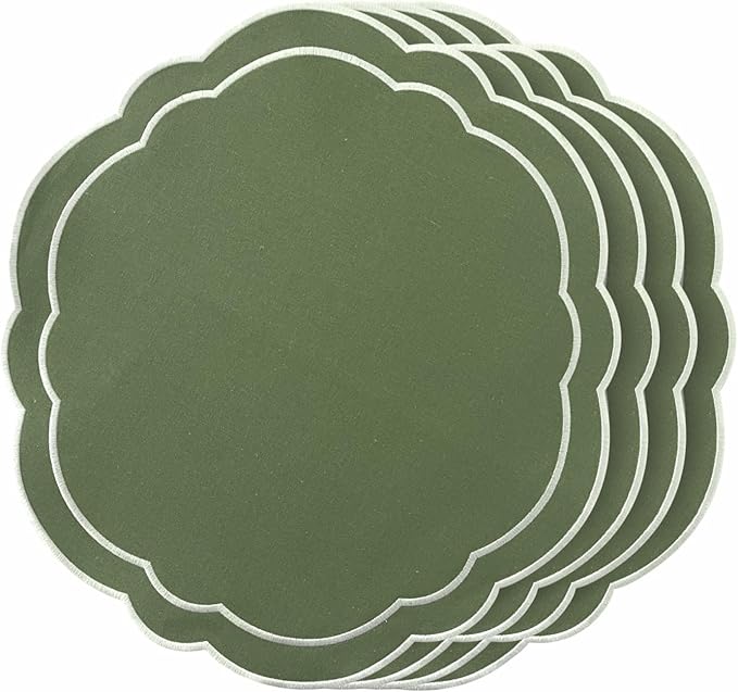 Round Placemats Set of 4, Cotton Linen- Double Layered, Luxury Scalloped Embroidered Cloth Table mats, 16 inch, Washable Fabric Dining Placemat (Green)