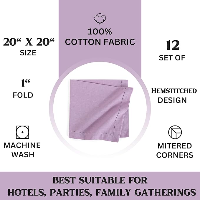 FINGERCRAFT Cloth Napkin Hemstitched 20x20 Inch Generous Picot Hem, Mitred Corner, Everyday Use Premium Quality High GSM and Good Absorbency Set of 12 Easter Color Lavender