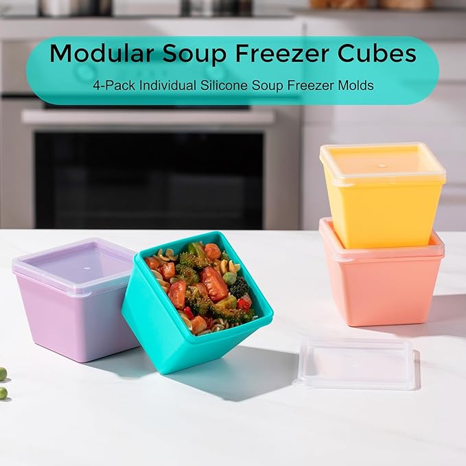 Gemice 1-Cup Silicone Freezer Molds with Lids, Individual 4-Pack Portion Soup Cubes Freezer Trays for Food Storage, Oven & Dishwasher Safe, BPA-Free, Silicone Freezer Containers for Meal Prep