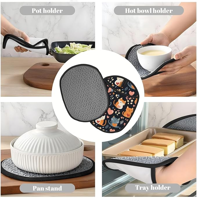Cat Heart Silicone Pot Holders Set of 2, Heat Resistant up to 500°F, Non-Slip Kitchen Hot Pads with Pocket and Soft Quilted Cotton Lining for Baking, Cooking and Hot Pots