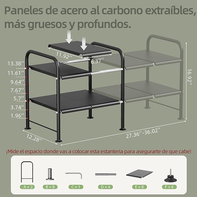 NETEL Under Sink Organizers and Storage,2 Tier Shelf Under Bathroom Sink,Cabinet Organizer with 8 Removable Carbon Steel Panels，Partition Height Adjustable,(27.36-36.02)" W x 12.28" D x 16.93" H