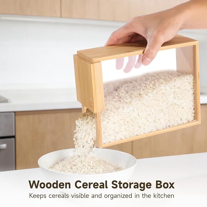 3 Pcs Wooden Cereal Storage Boxes, 8.7 x 6.8 x 3.1 in Dry Food Dispenser with Slide Lid, Visible Window, Wood Food Storage Container for Kitchen, Pantry Organization