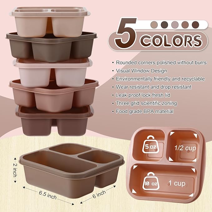 Honeydak 5 Pack Snack Containers 3 Compartment Bento Snack Boxes Divided Meal Prep Containers with Lids Reusable Adults Lunch Food Storage Box for School Work Travel(Cream Brown)