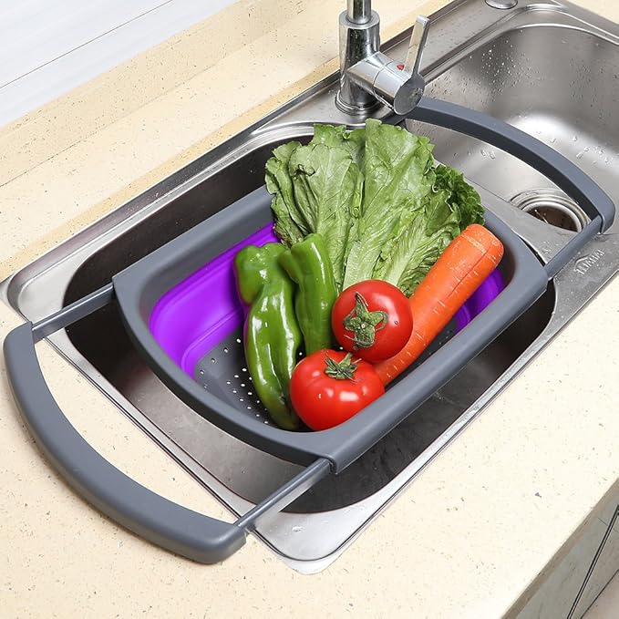 Qimh Collapsible Colander, Kitchen Colander Set Over Sink Strainer Veggies/Fruit Colanders Strainers with Extendable Handles, Dishwasher Safe Folding Strainer for Kitchen, 6-Quart, BPA Free